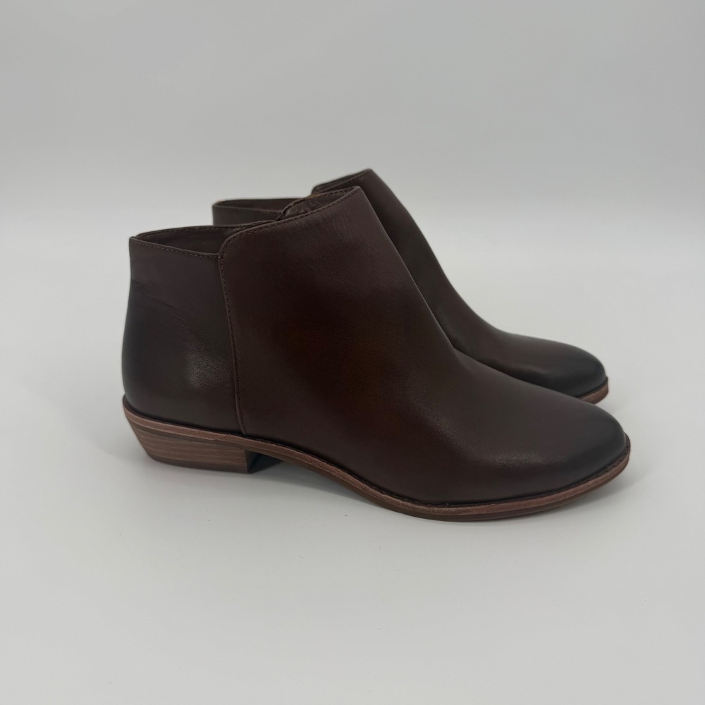 Alex Marie Brown Leather Ankle Boots Low Stacked Heel Side Zip Booties 7.5M